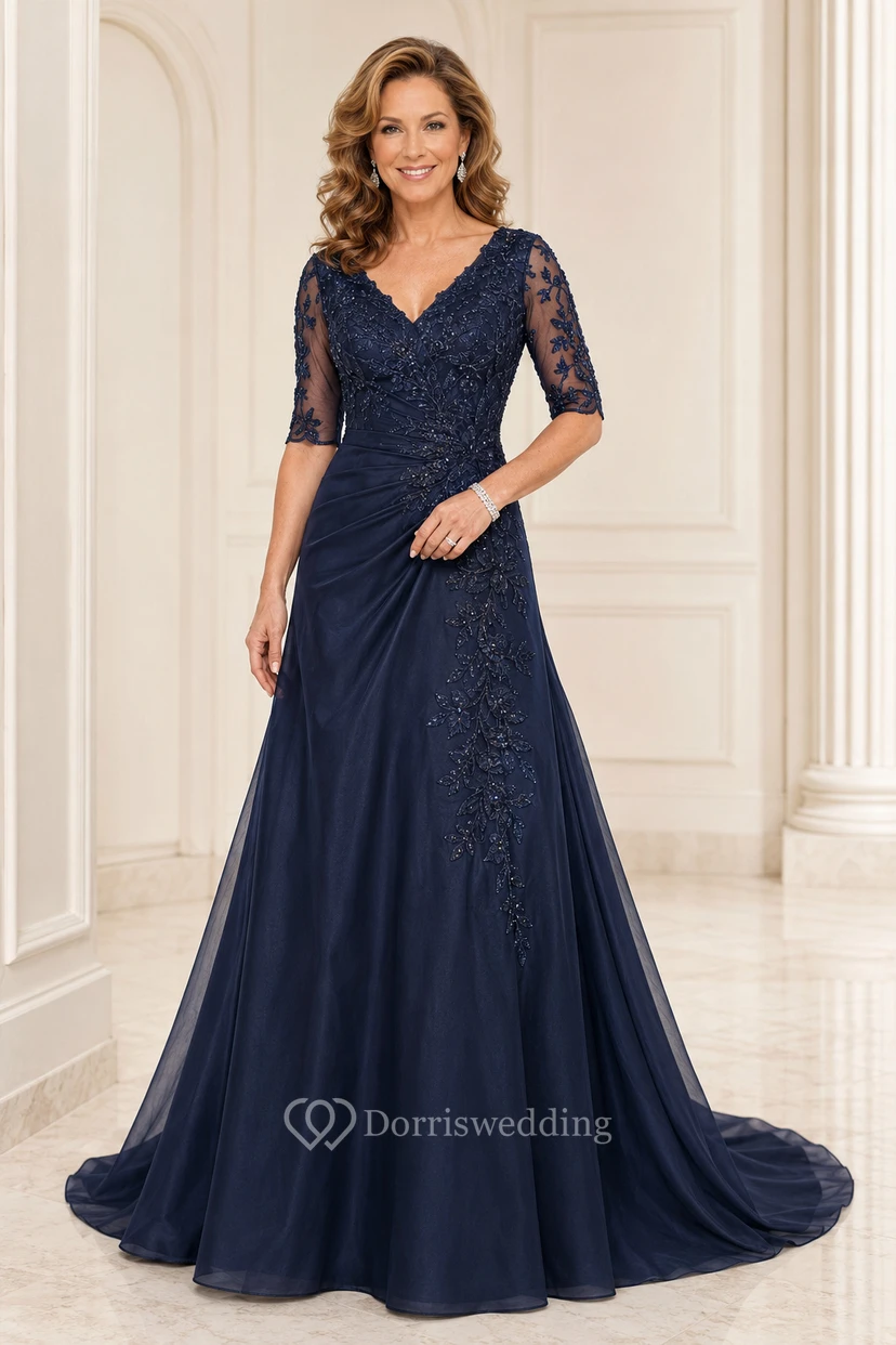 Dark Navy V-Neck Chiffon A-Line Mother Dress with Three Quarter Lace Sleeves