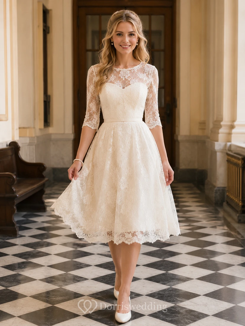 Vintage-Hochzeitskleid aus den 1950er Jahren mit Rundhalsausschnitt, Dreiviertelärmeln aus Spitze, A-Linie und Teelänge
