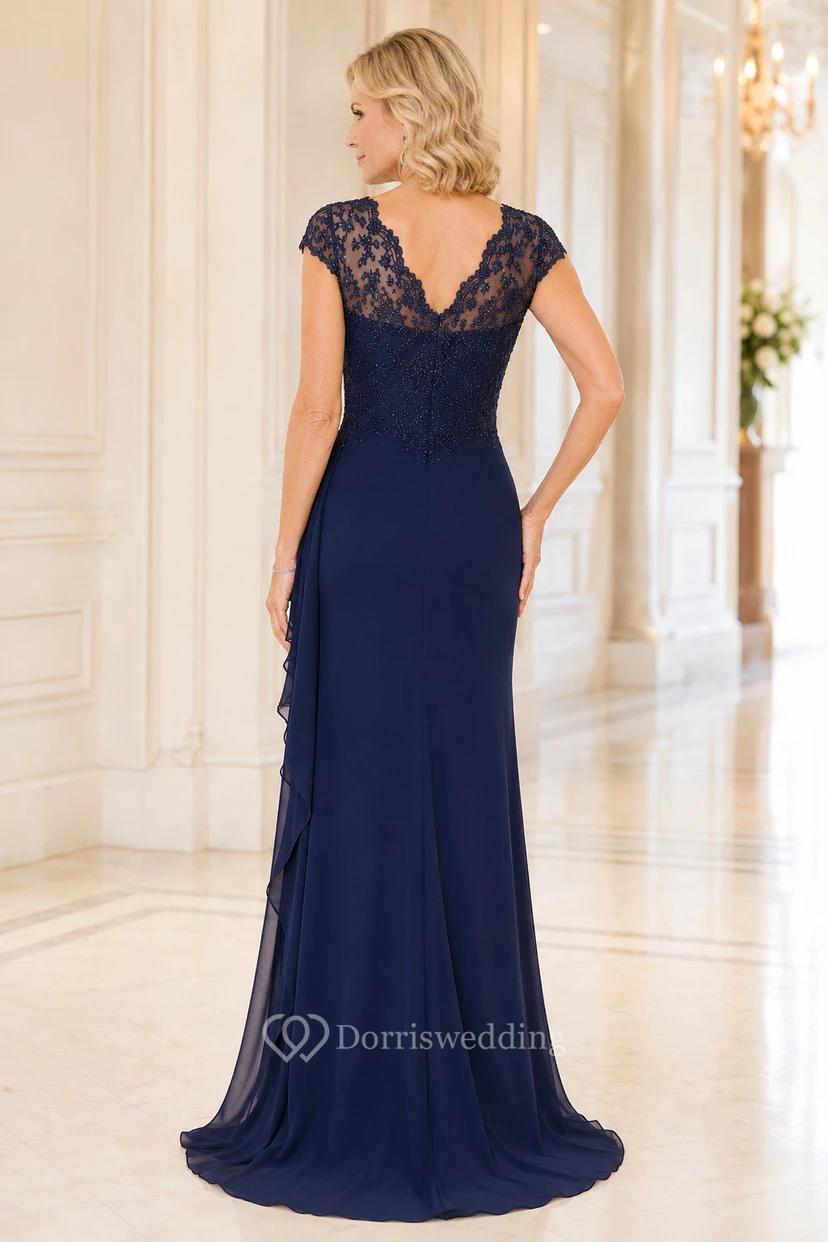 Mutterkleid aus marineblauem Chiffon mit Spitzenoberteil und kurzen Ärmeln view 2