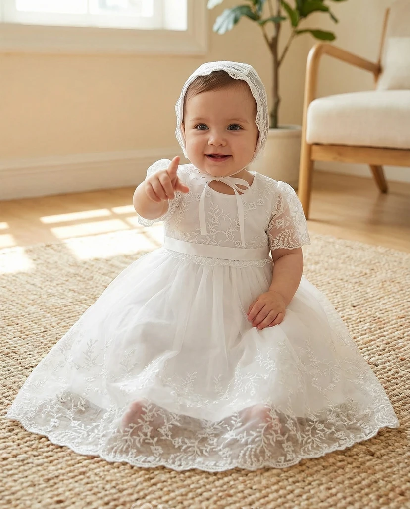 Christening White Baby Flower Girl Dress Lace Bonnet Tulle Ceremony Gown