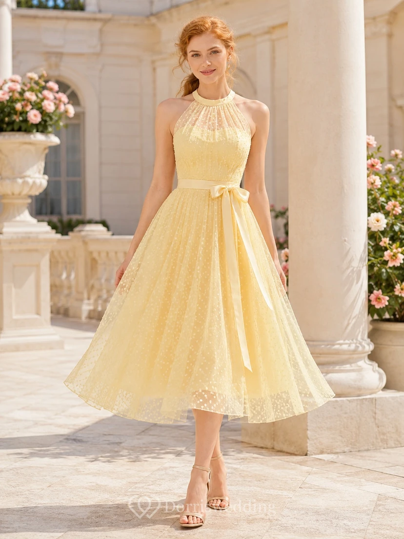 Daffodil Tulle Jewel Neck Sleeveless A-Line Tea-length Bow Formal Dress