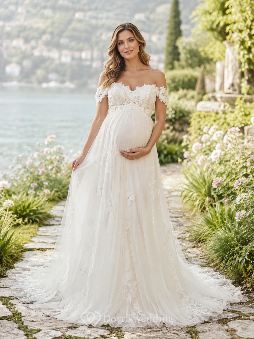 Umstands-Hochzeitskleid mit schulterfreiem Oberteil aus Spitze und Tüll