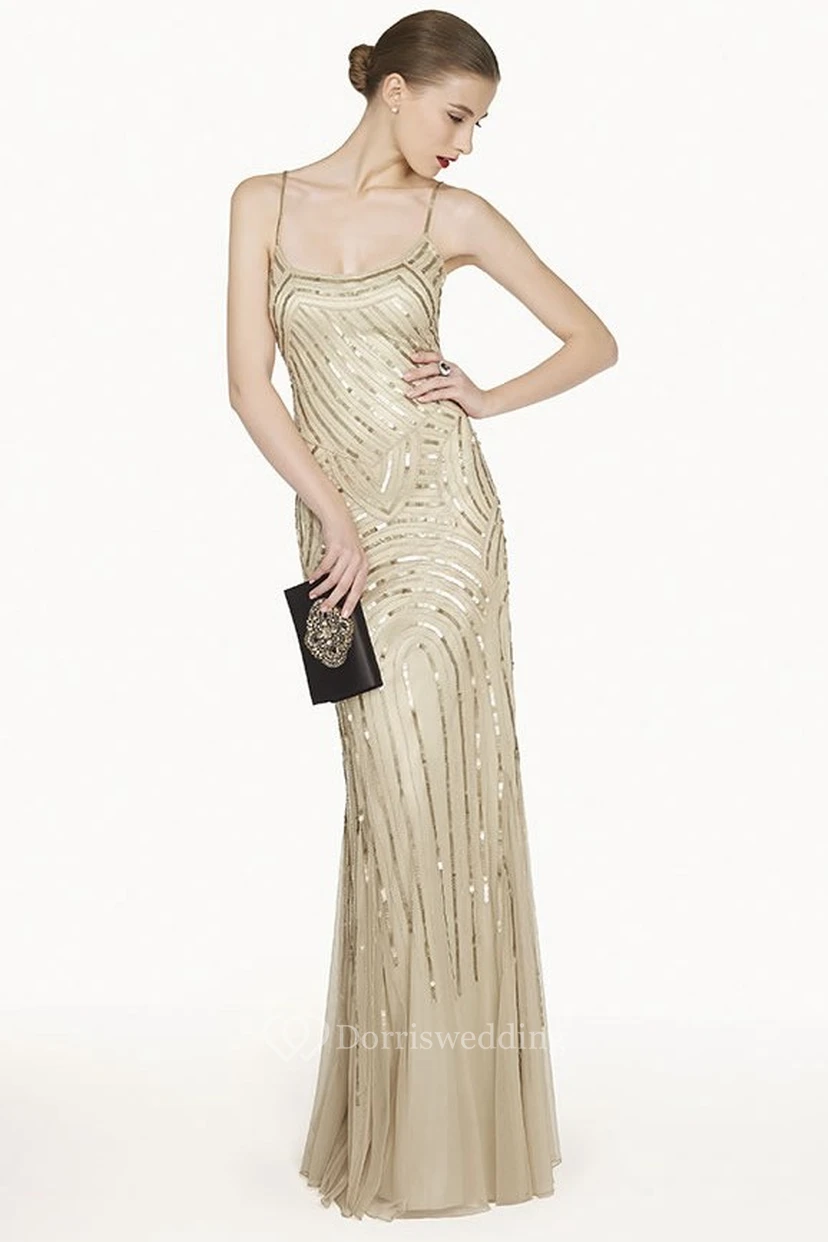 Sexy Sheath Tulle Long Prom Dress With Sequined Spaghetti Straps And Scoop Neck
