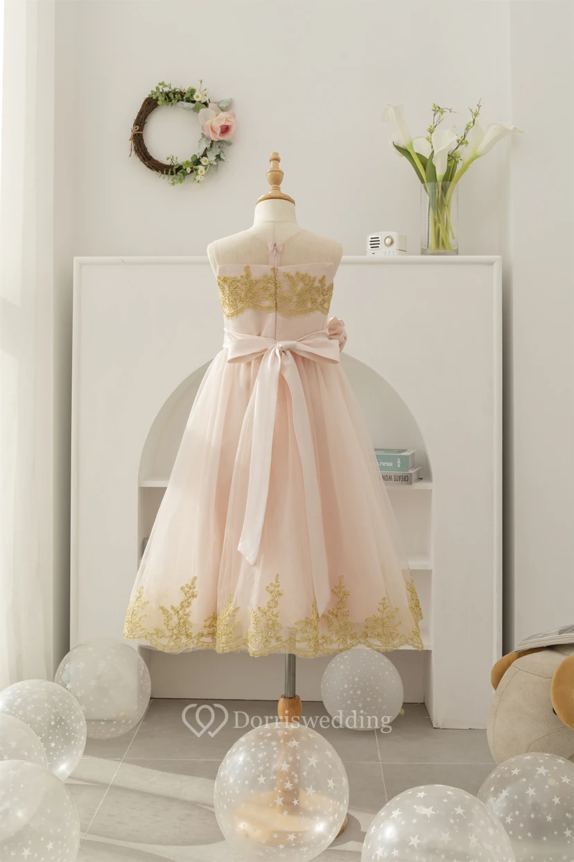 Jewel-neck Two-Tone Applique A-line Tulle Empire Flowergirl Dress view 6