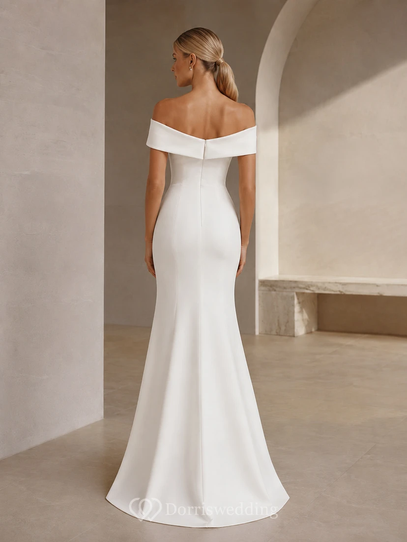 Robe de mariée sirène en satin à épaules dénudées et manches courtes, longueur au sol view 2