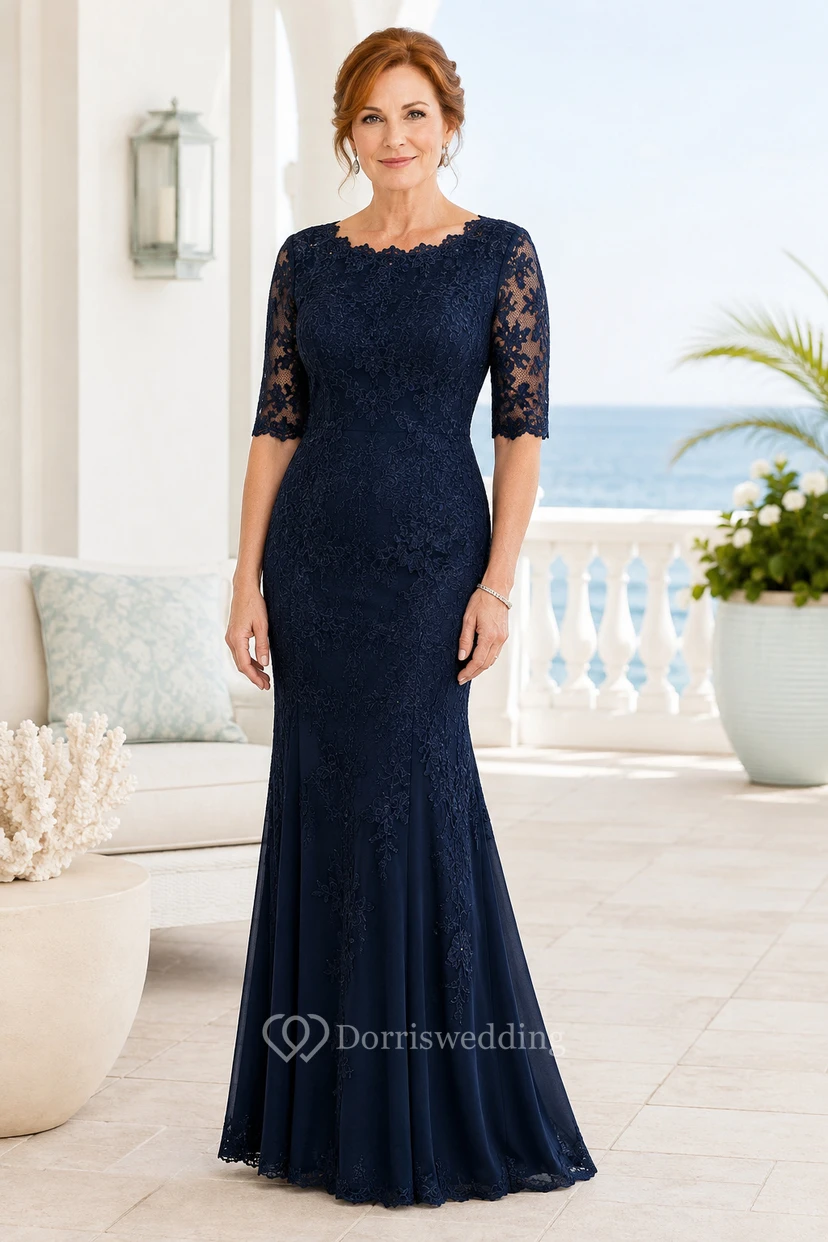 Marineblaues Meerjungfrauen-Kleid aus Spitze mit Dreiviertelärmeln
