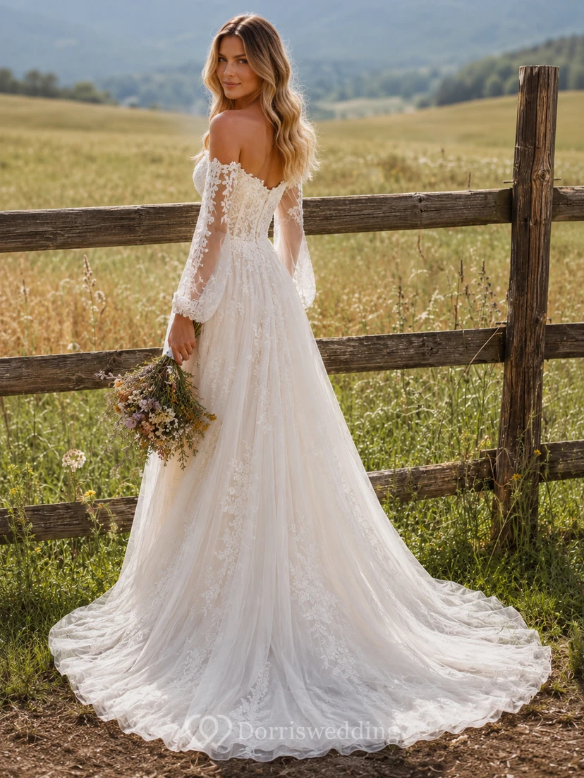 Country Boho Wedding Dress with Off-Shoulder Lace Sleeves, A-Line Tulle Skirt & Chapel Train view 2