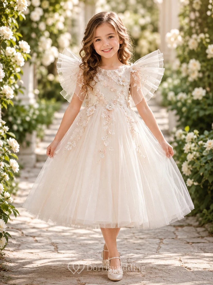 Flower Girl Dress A-Line Cream Fairy Wing Tulle Floral Sleeve Reception