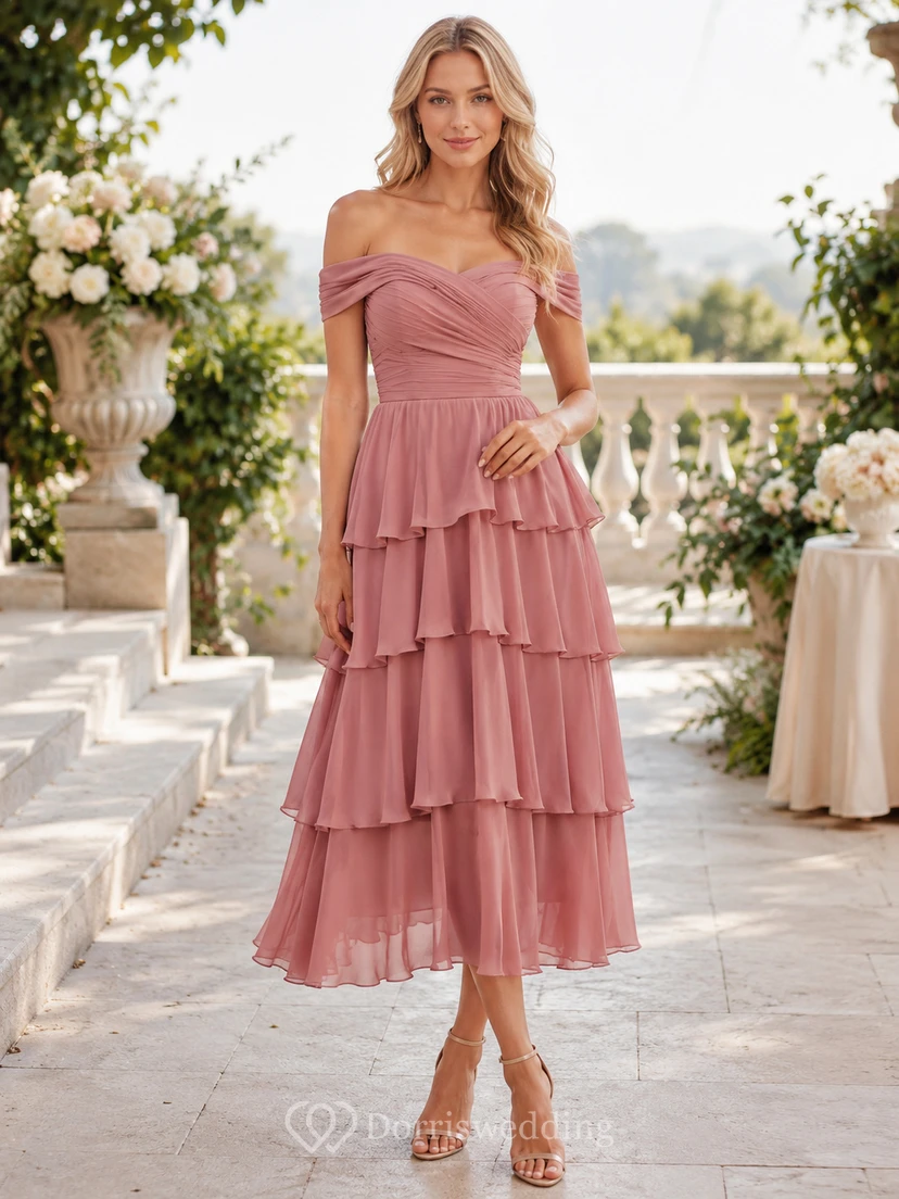 Dusty Rose Tiered Ruffle Midi Occasion Dress