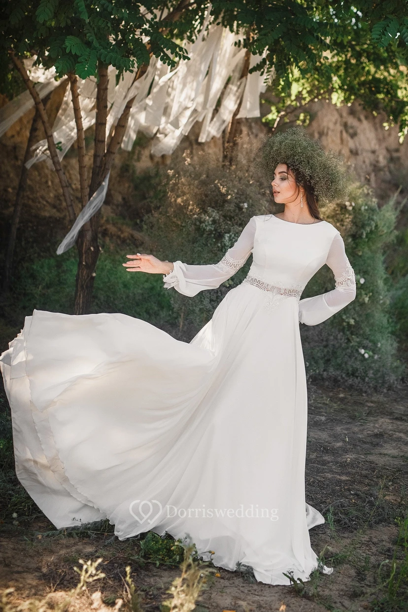 Schlichtes, langärmeliges Boho-Chiffon-Hochzeitskleid mit Rundhalsausschnitt und Chiffon-Muster, elegant für den Landhaus view 3
