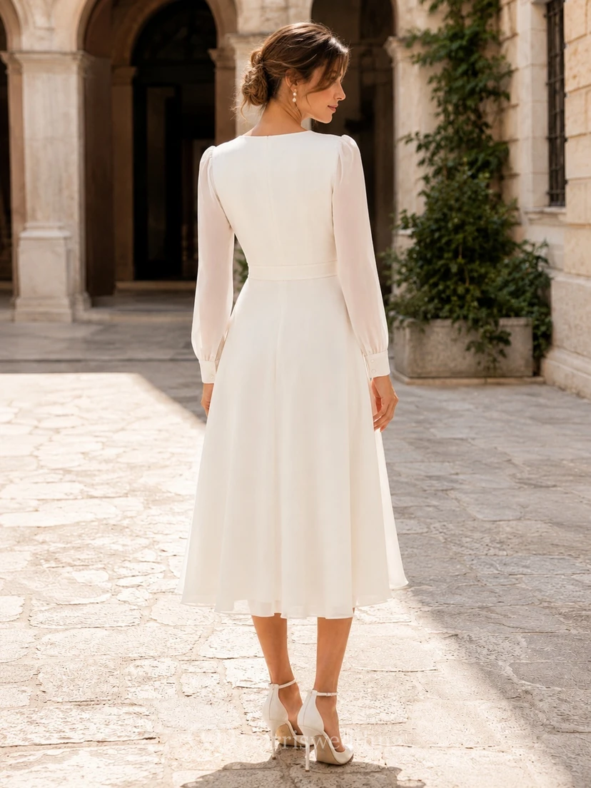 Ziviles, schlichtes Chiffon-Hochzeitskleid mit V-Ausschnitt, langen Ärmeln, A-Linie und Teelänge view 2