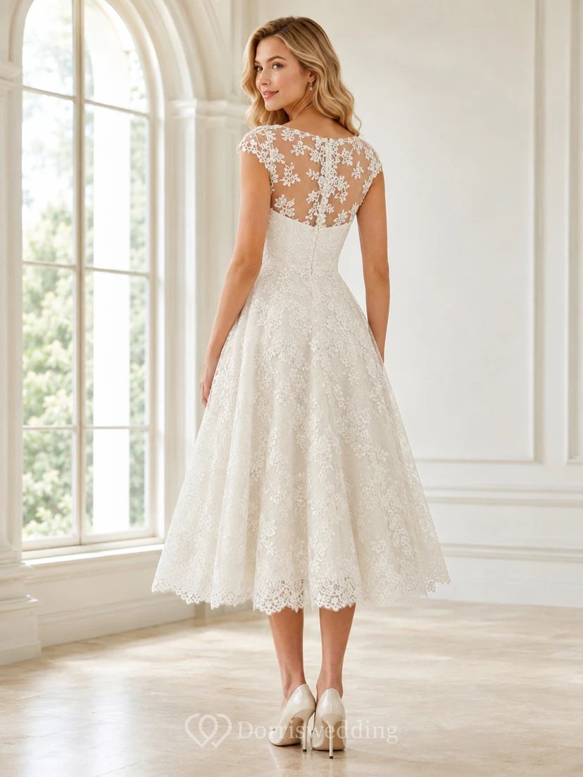 Vestido de novia vintage de encaje con mangas cortas y escote barco, largo hasta la rodilla, ideal para recepciones en jardines. view 2