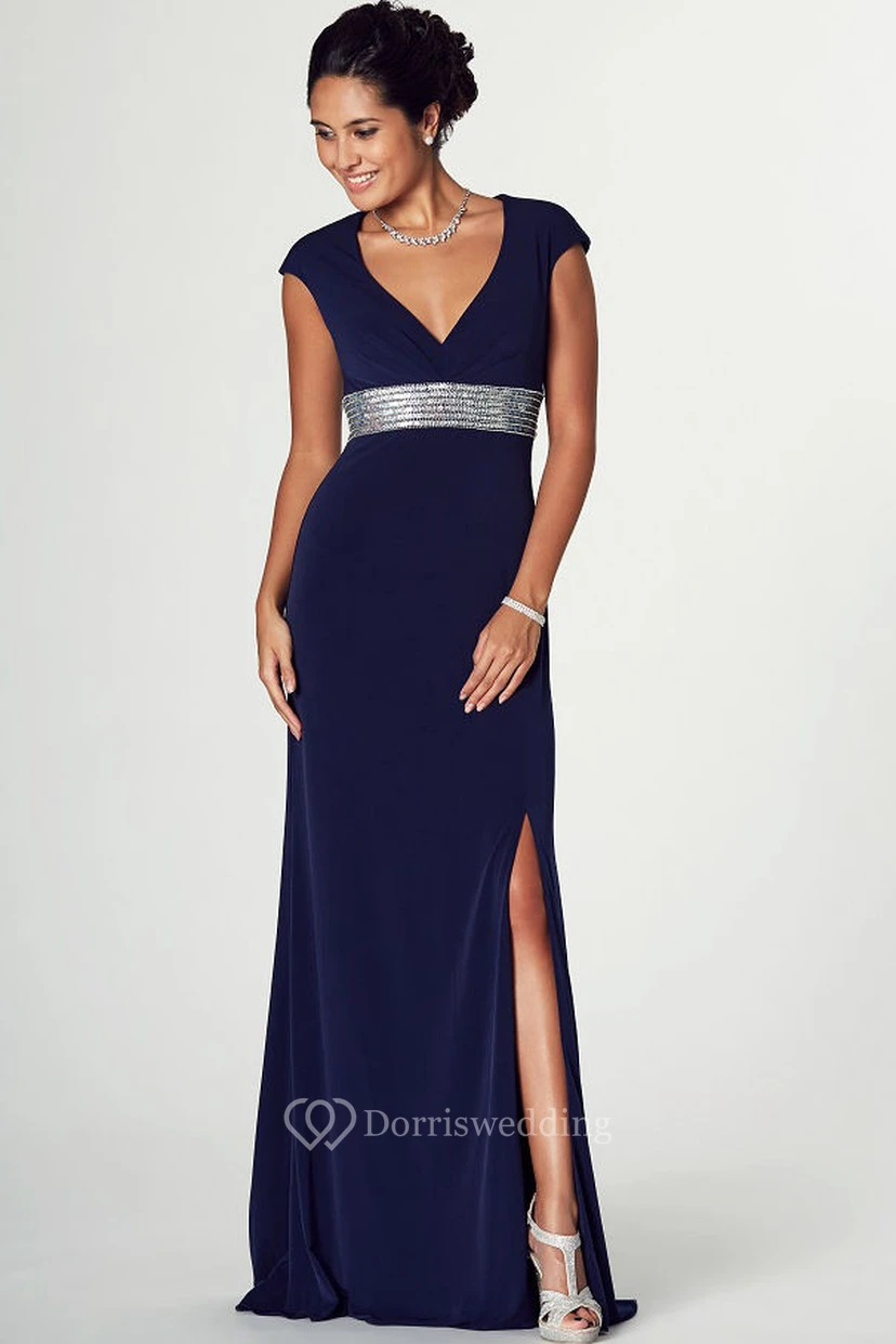 Floor-Length Cap Sleeve V-Neck Jeweled Jersey Prom Dress With Brush Train