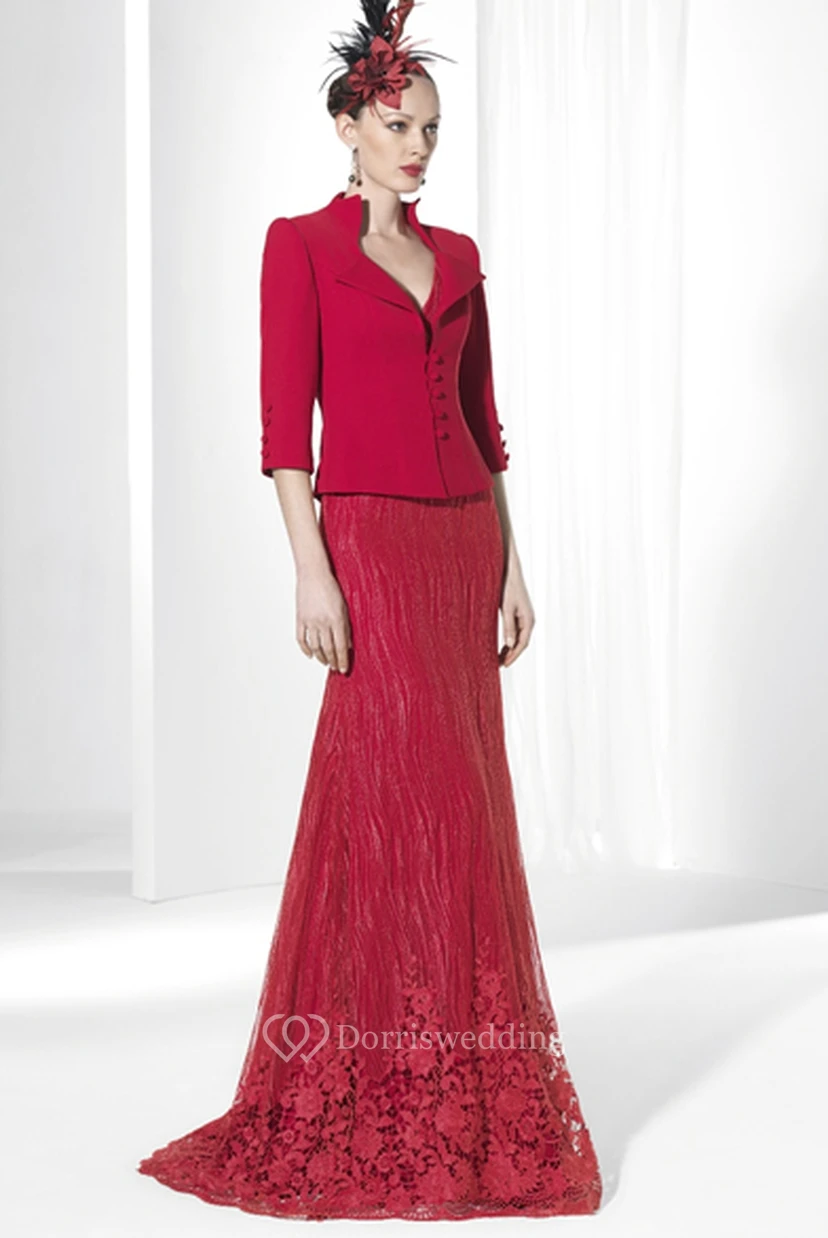 Half-Sleeve Long V-Neck Jacket Prom Dress With Appliques