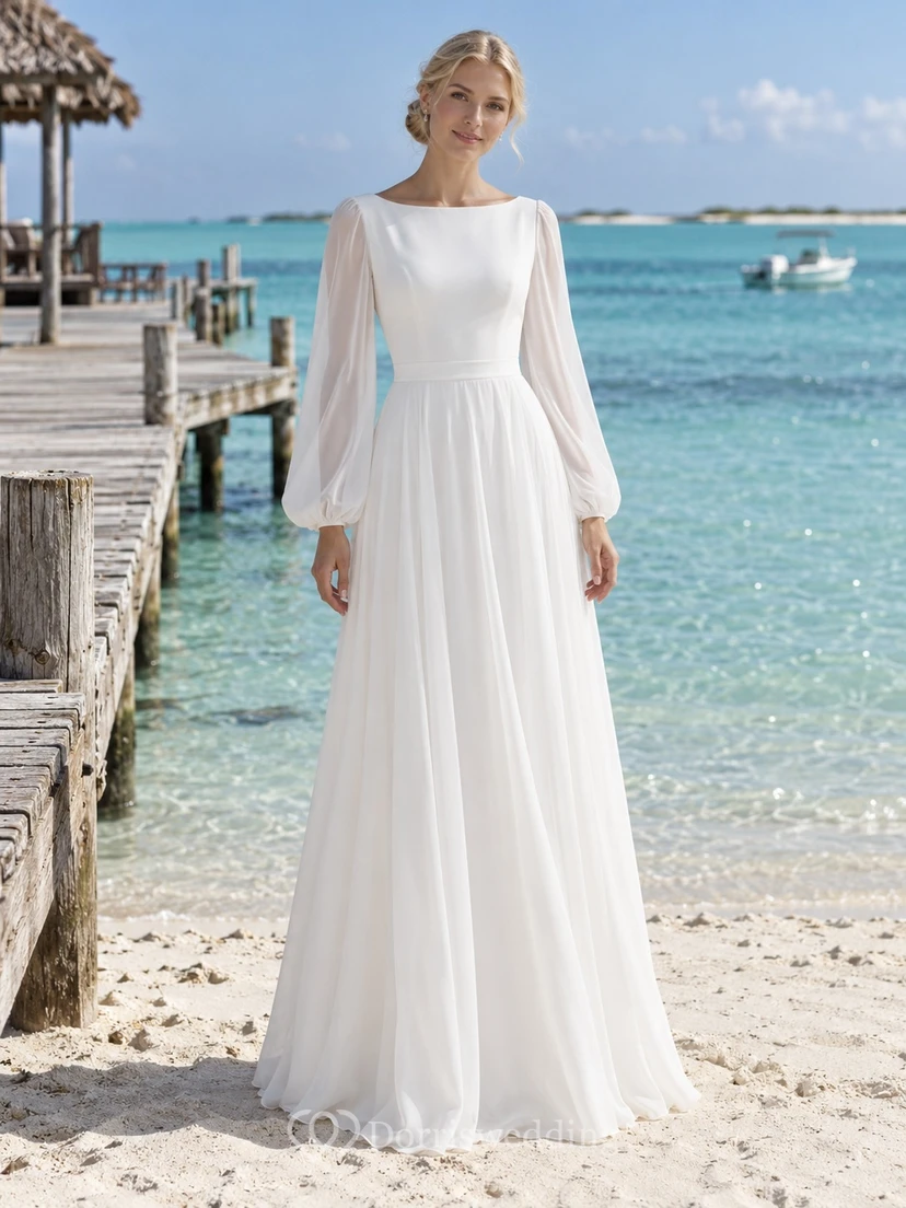 Vestido de novia de gasa de manga larga con escote barco discreto y falda lisa de corte A hasta el suelo.