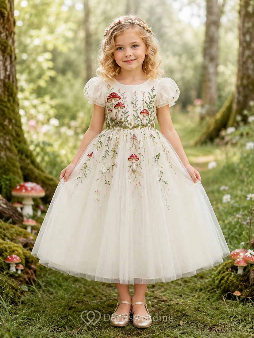 Vestido de niña de flores color marfil con mangas abullonadas y corte en A, con falda de tul hasta la rodilla bordada con setas.