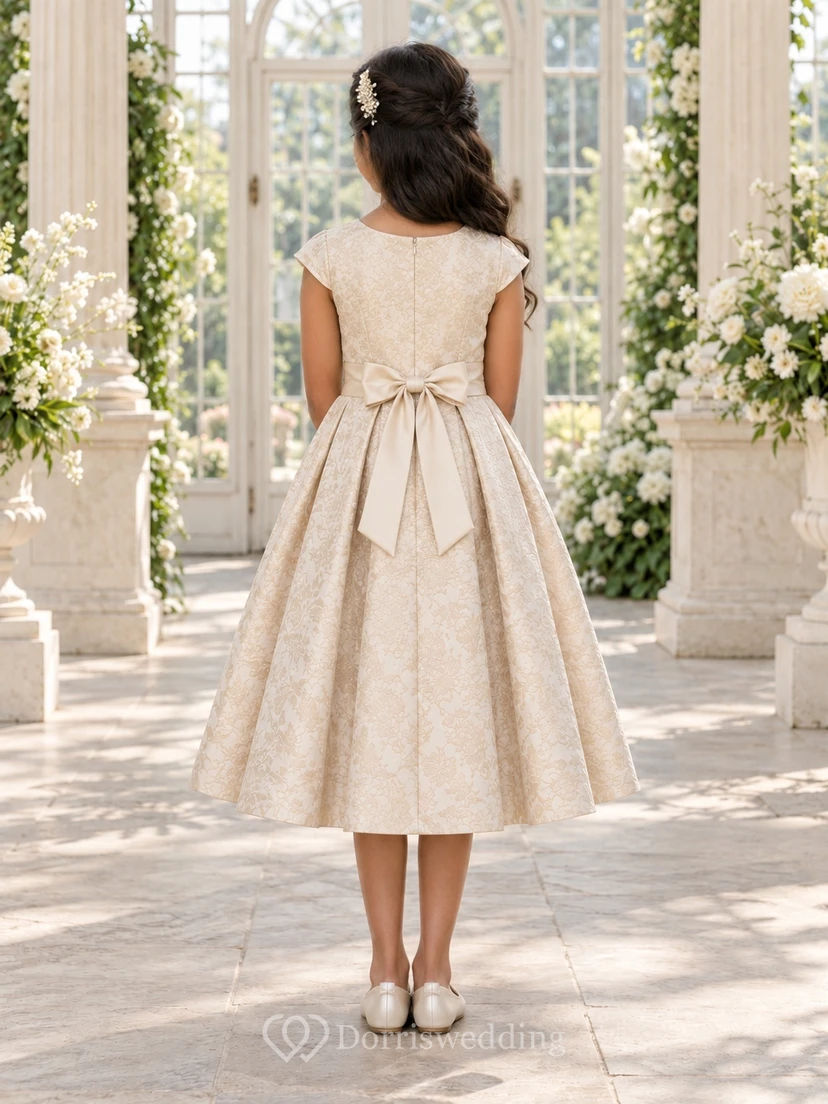 Tea-length Champagne Floral-textured A-line Cap-sleeve Pleated-skirt Bow-back Summer Flower Girl Dress view 2