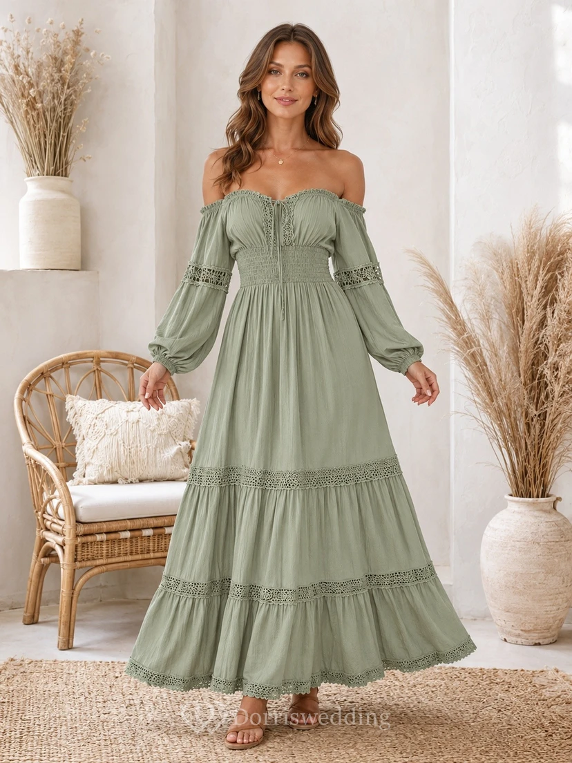 Sage Off-Shoulder Puff Sleeve Crochet Trim Tiered Maxi Dress