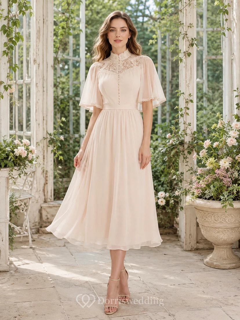 Vestido de fiesta de gasa rosa rubor con cuello alto, encaje y mangas tipo capa.