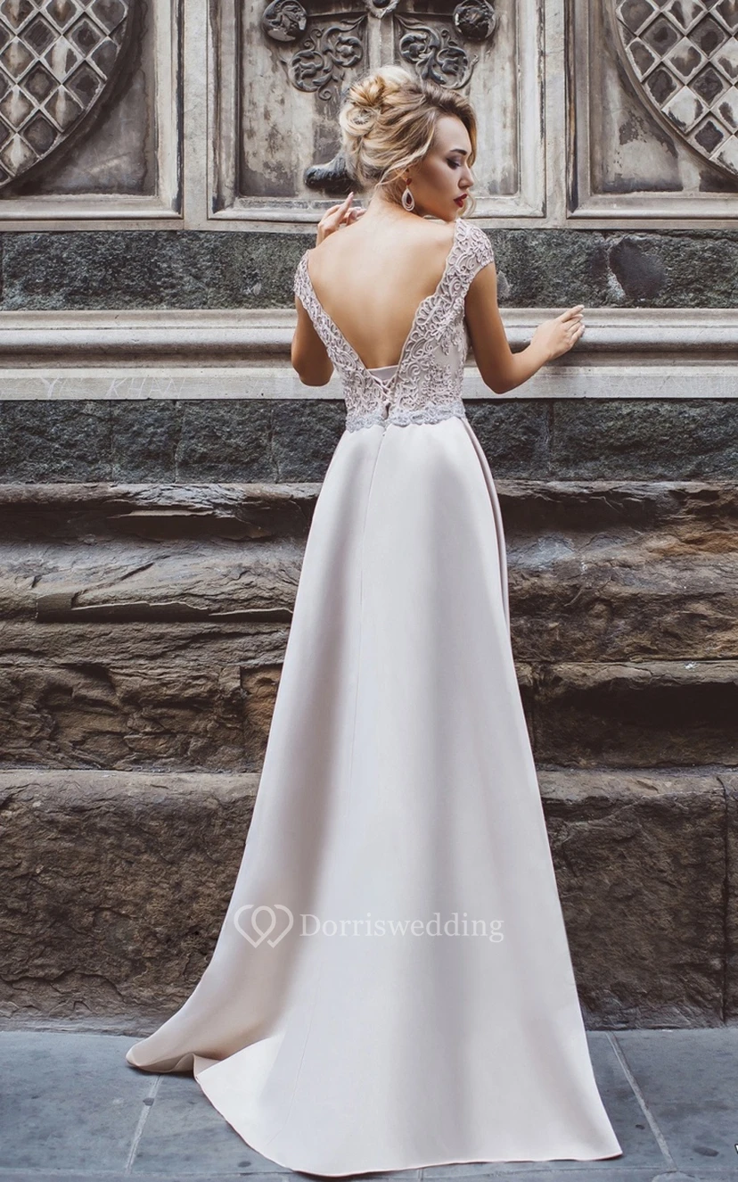 A-Line Floor-Length V-Neck Short Sleeve Jersey Appliques Pleats Low-V Back Dress view 2