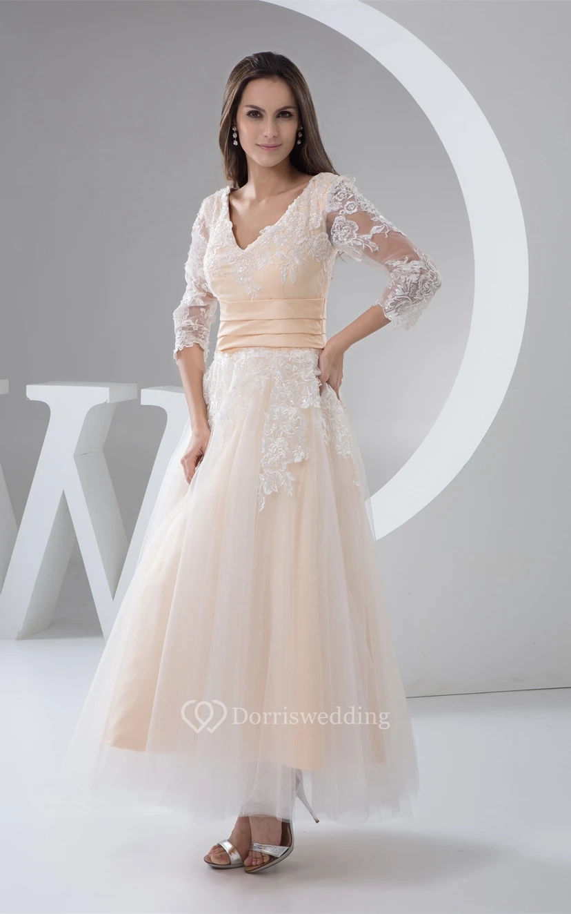 Deep-V-Neck Half-Sleeve Ankle-Length Lace Dress With Pleats view 8