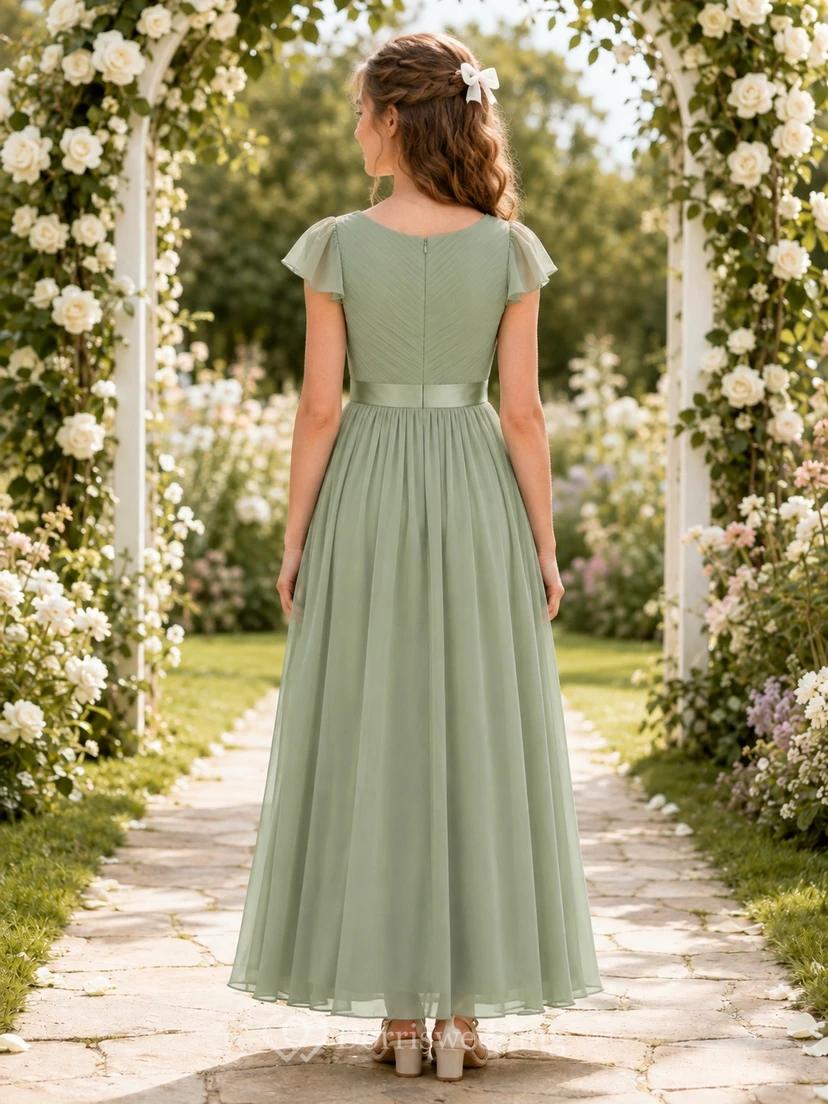 Elegantes, hellgrünes Brautjungfernkleid in A-Linien-Optik mit kurzen Ärmeln aus Chiffon. view 2