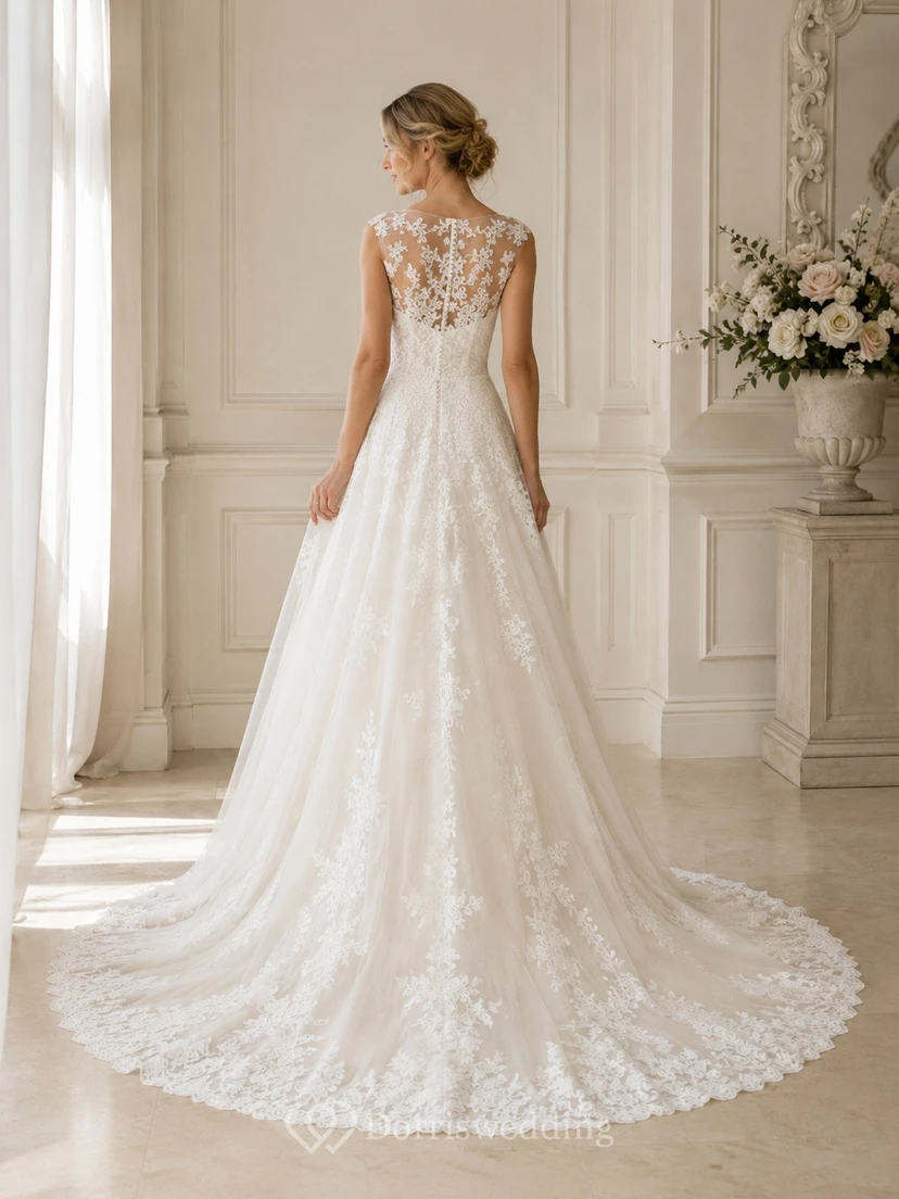 Robe de mariée en dentelle à traîne courte, décolleté illusion et ourlet asymétrique fleuri view 2