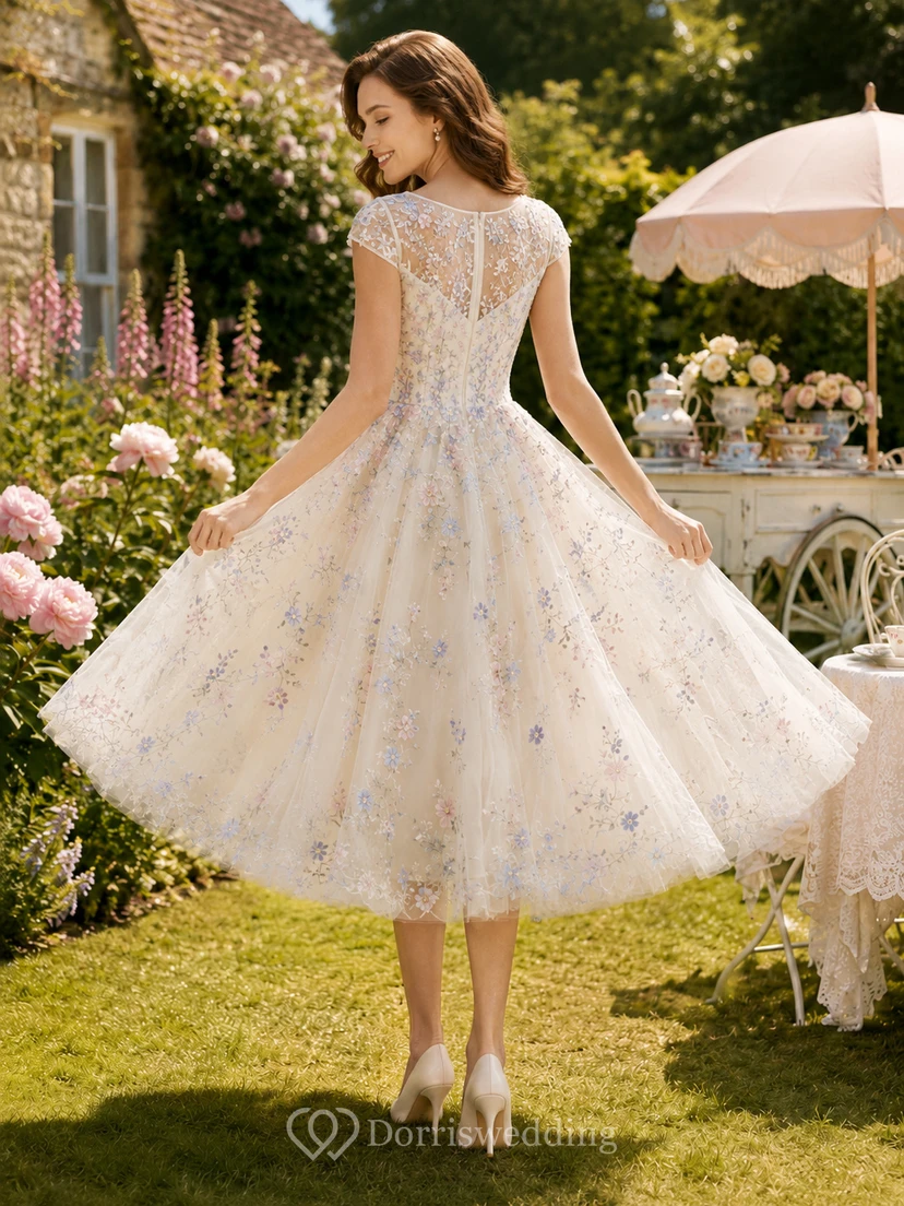 Cap Sleeve Floral Tea Length English Garden Wedding Dress view 2