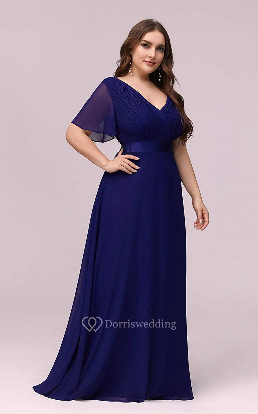Romantic Chiffon V-neck Half Sleeve A Line Formal Dress With Criss Cross and Ruching view 3