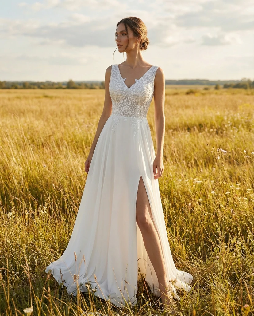 Casual Beach Wedding Dress with Lace Top
