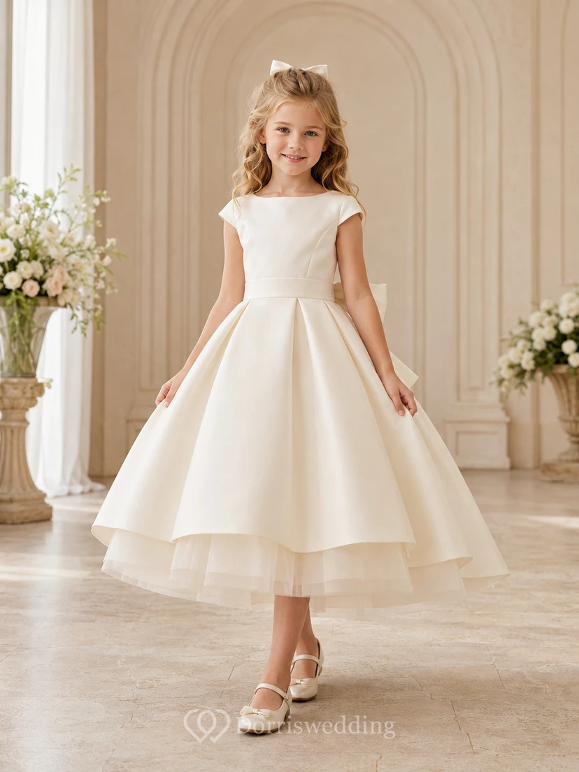 Blumenmädchenkleid aus elfenbeinfarbenem Satin, A-Linie, Rundhalsausschnitt, Teelänge, Schleifendetail
