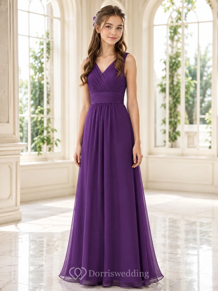 Amethystfarbenes Brautjungfernkleid für junge Damen, A-Linie, V-Ausschnitt, ärmellos, elegant, formell
