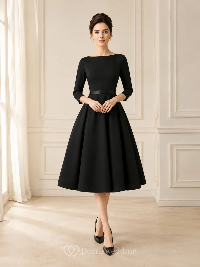 Vestido de cóctel negro de satén con corte en A, manga corta y estilo barco, de estilo vintage.