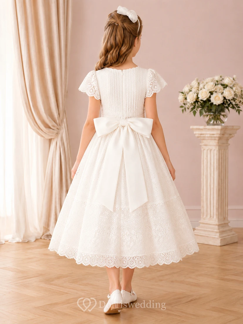 Teelanges Kleid mit Puffärmeln, Spitze und Schleife für Kommunion, Blumenmädchen, Teelänge view 2