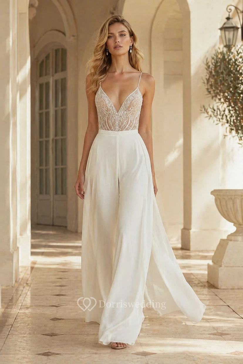 Mono de novia glamuroso con corpiño de cuentas, tirantes finos y pernera ancha.