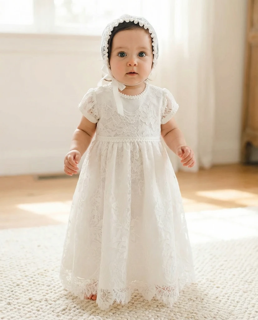 White Baby Flower Girl Dress Lace Bodice Short Sleeve Christening Gown