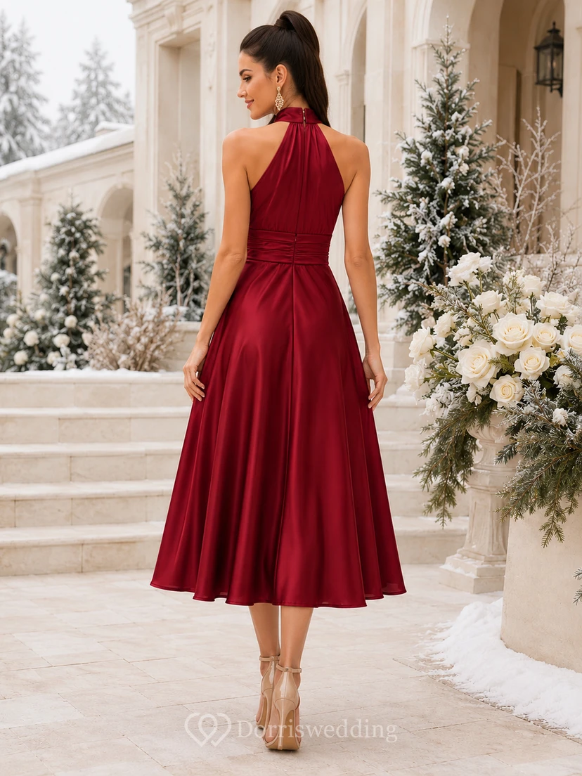 Burgundy Gathered Halter Satin A Line Tea Length Guest Dress view 2