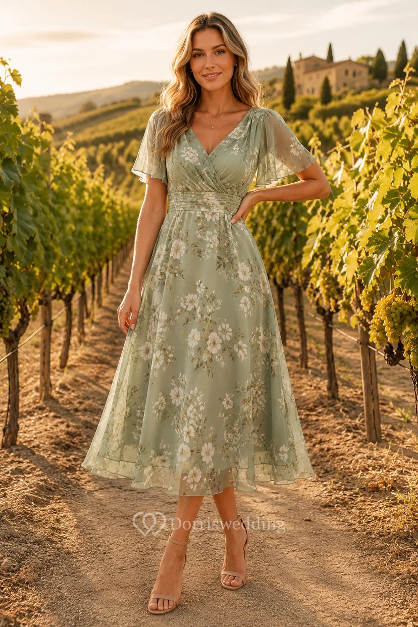 Wedding Guest Dress Sage Lace A-Line V-Neck Short Sleeve Tea Length