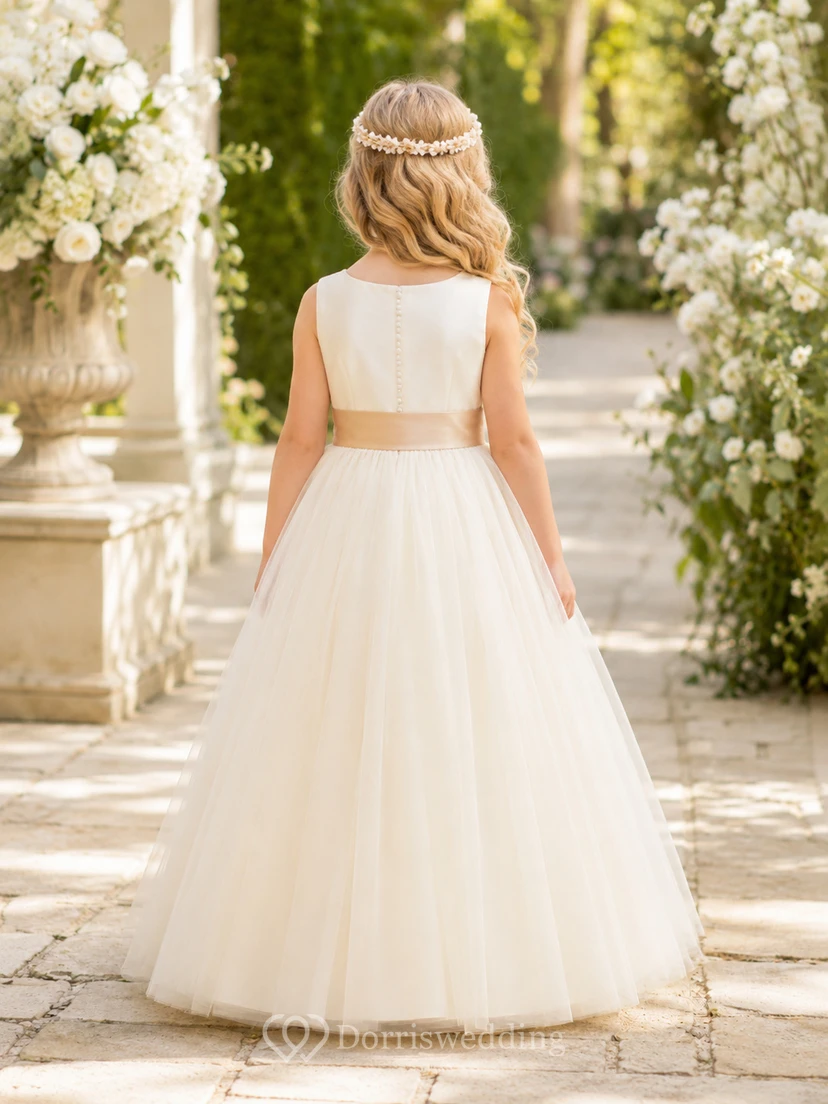Klassisches A-Linien-Kleid aus Tüllspitze für Blumenmädchen mit kurzen Ärmeln, Rundhalsausschnitt, wadenlangem Rock und Schleifendetail. view 2