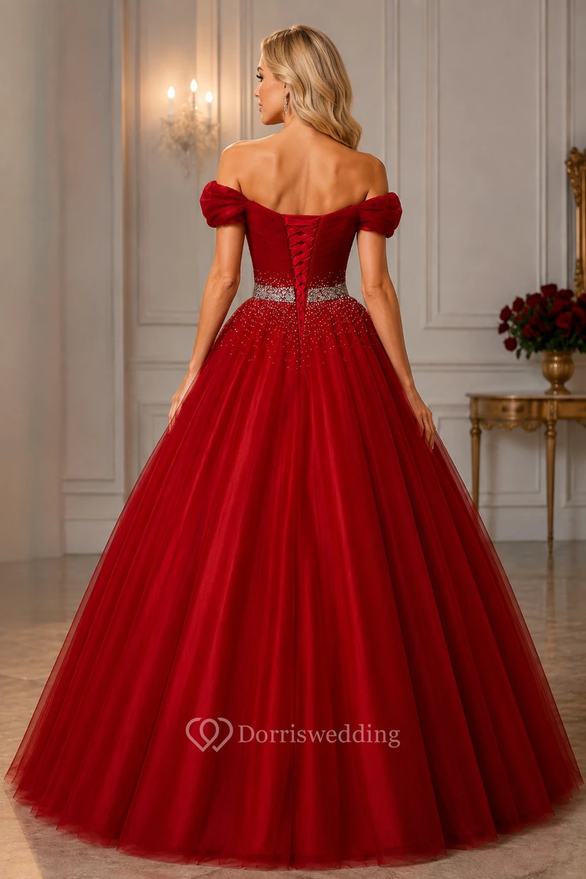 Ball Gown Maxi Off-The-Shoulder Sleeveless Bell Pleats Beading Corset Back Tulle Lace Dress view 2