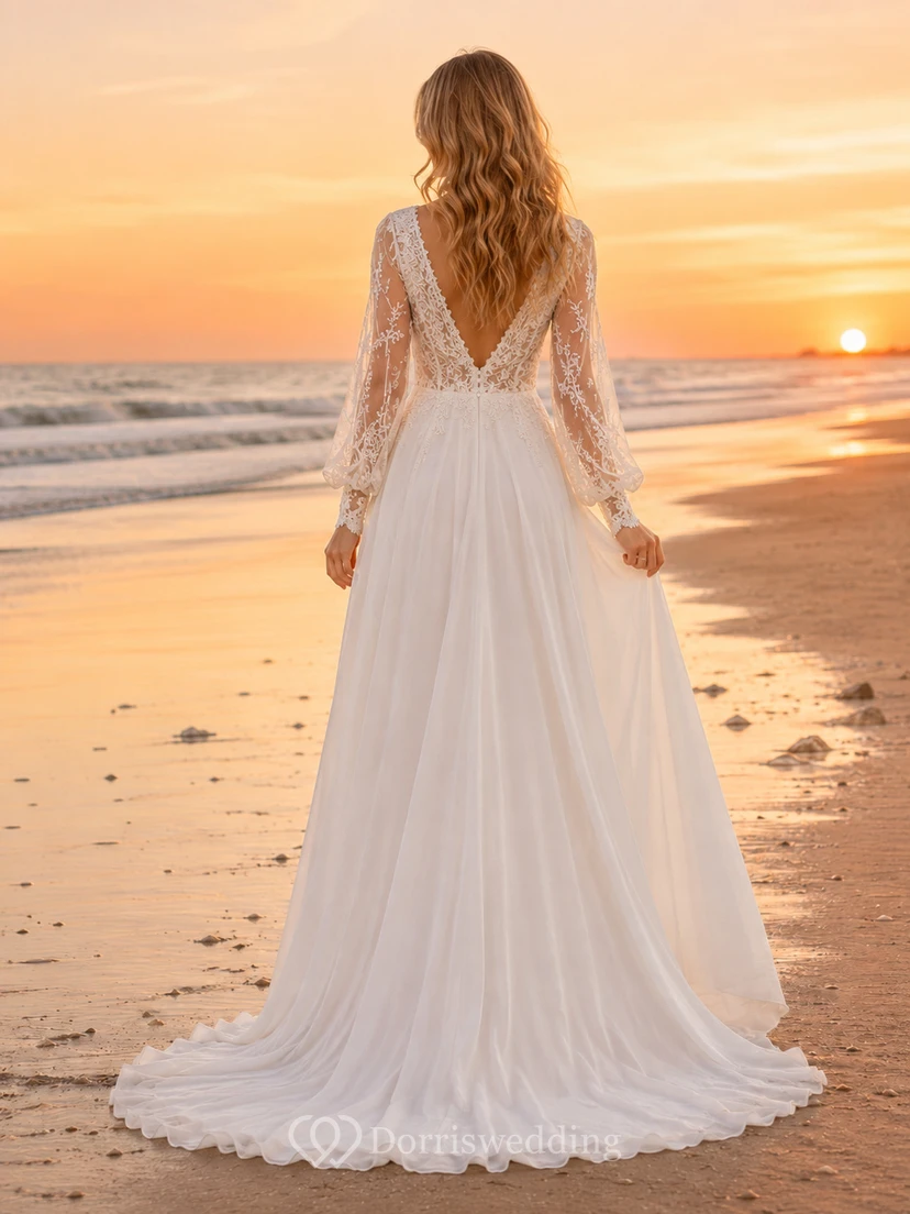 Beach Boho V-Neck Long Lace Sleeve A-Line Wedding Dress view 2