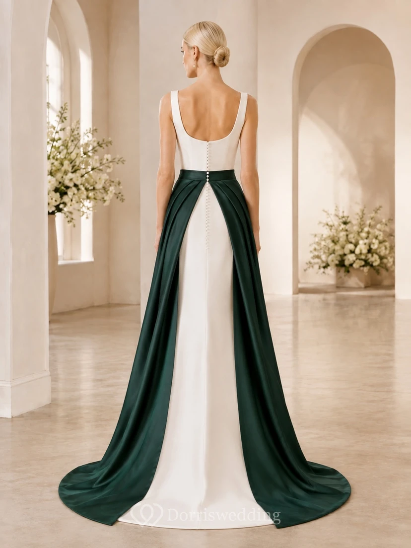 Smaragdgrünes, drapiertes, ärmelloses Brautkleid mit Schleppe, quadratischem Ausschnitt und elegantem Schnitt view 2