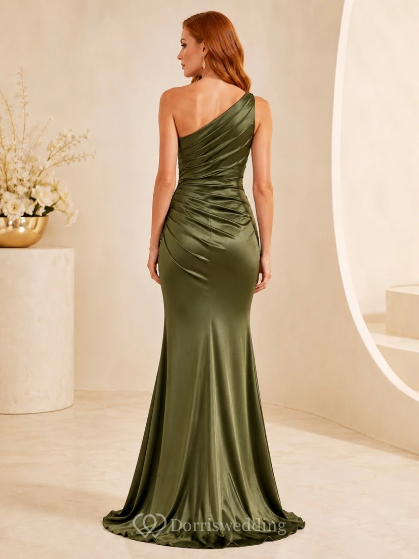 Olive Green Satin One-shoulder Ruched Mermaid Floor-length Elegant Formal Dress view 2