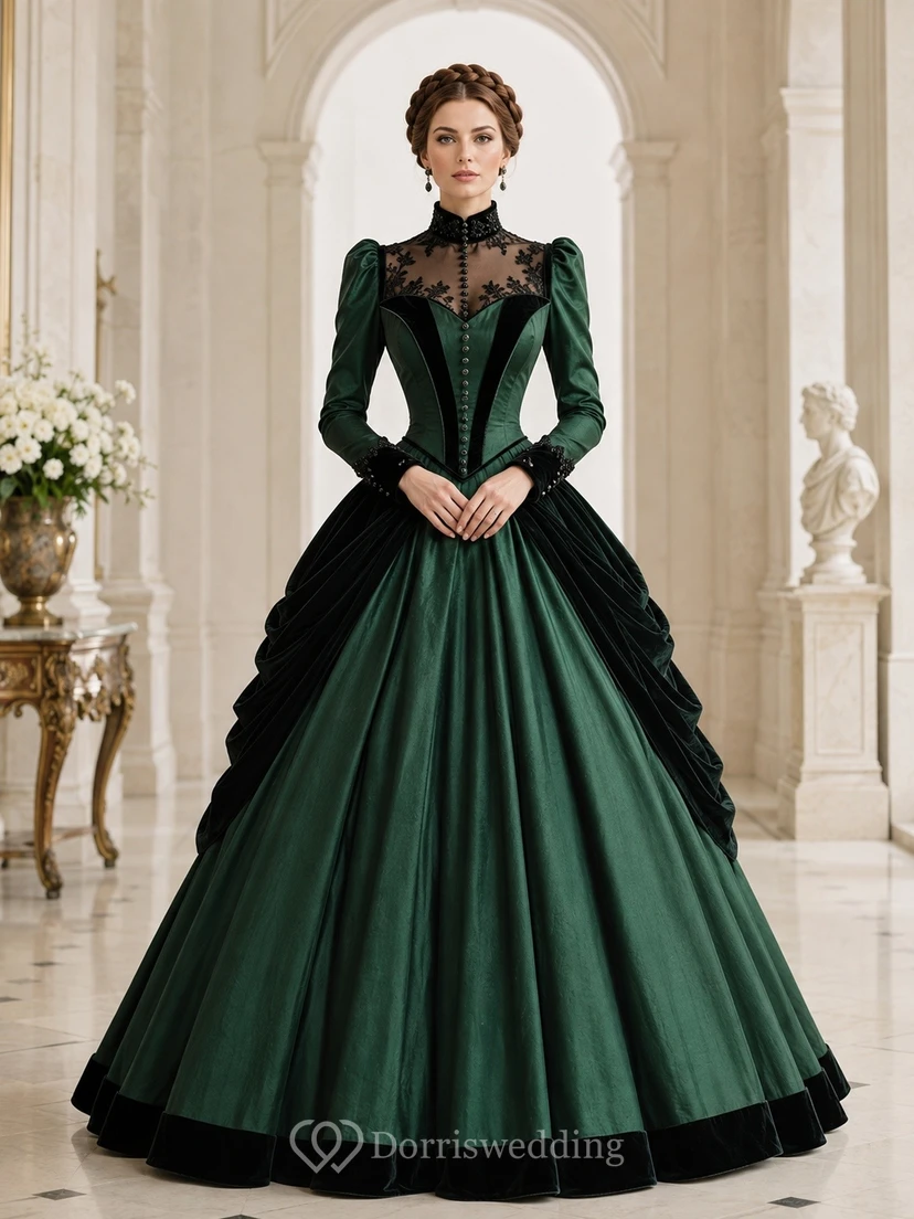 Dark Green Victorian Illusion Long Sleeve Lace Ball Gown Dress