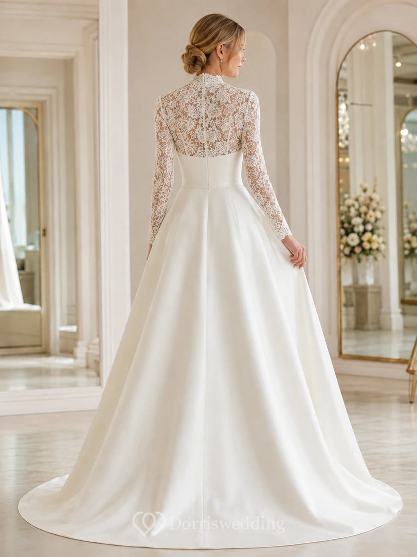 High Long Sleeve Neck Classic Wedding Dress A-Line Lace view 2
