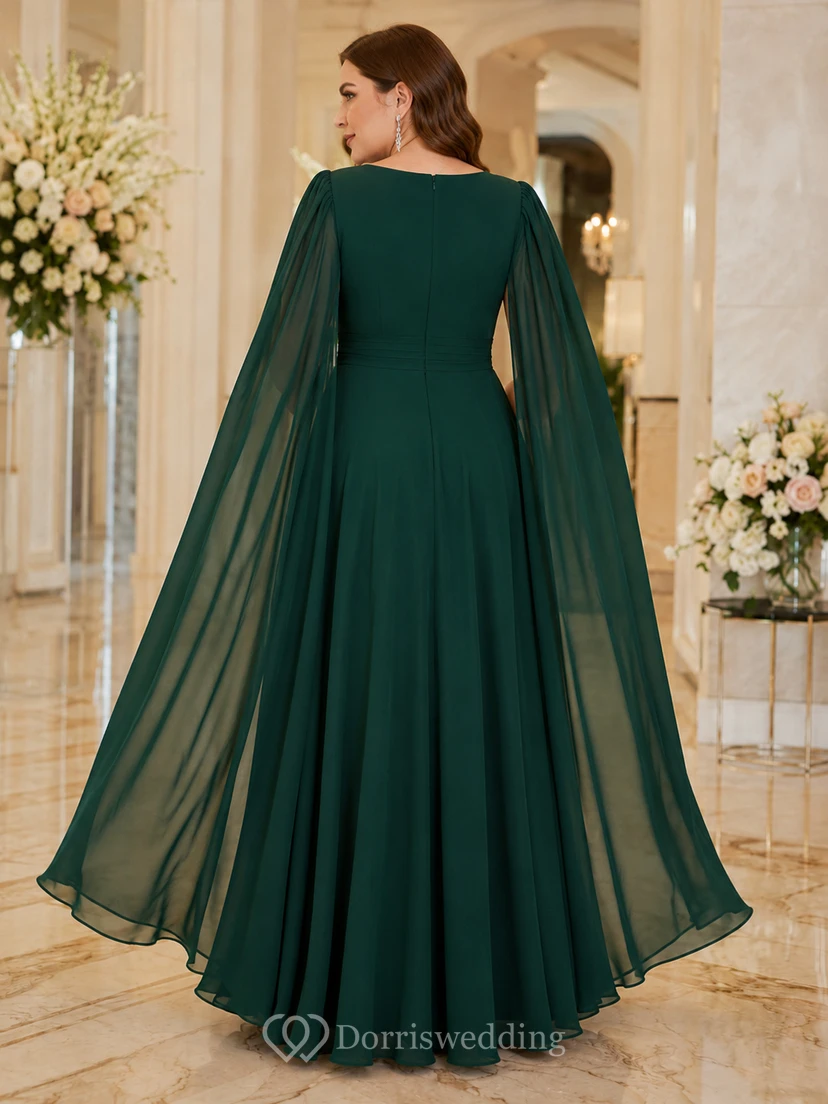 Vestido de invitada de talla grande, largo hasta el suelo, de gasa, con cuello en V, color verde oscuro. view 2