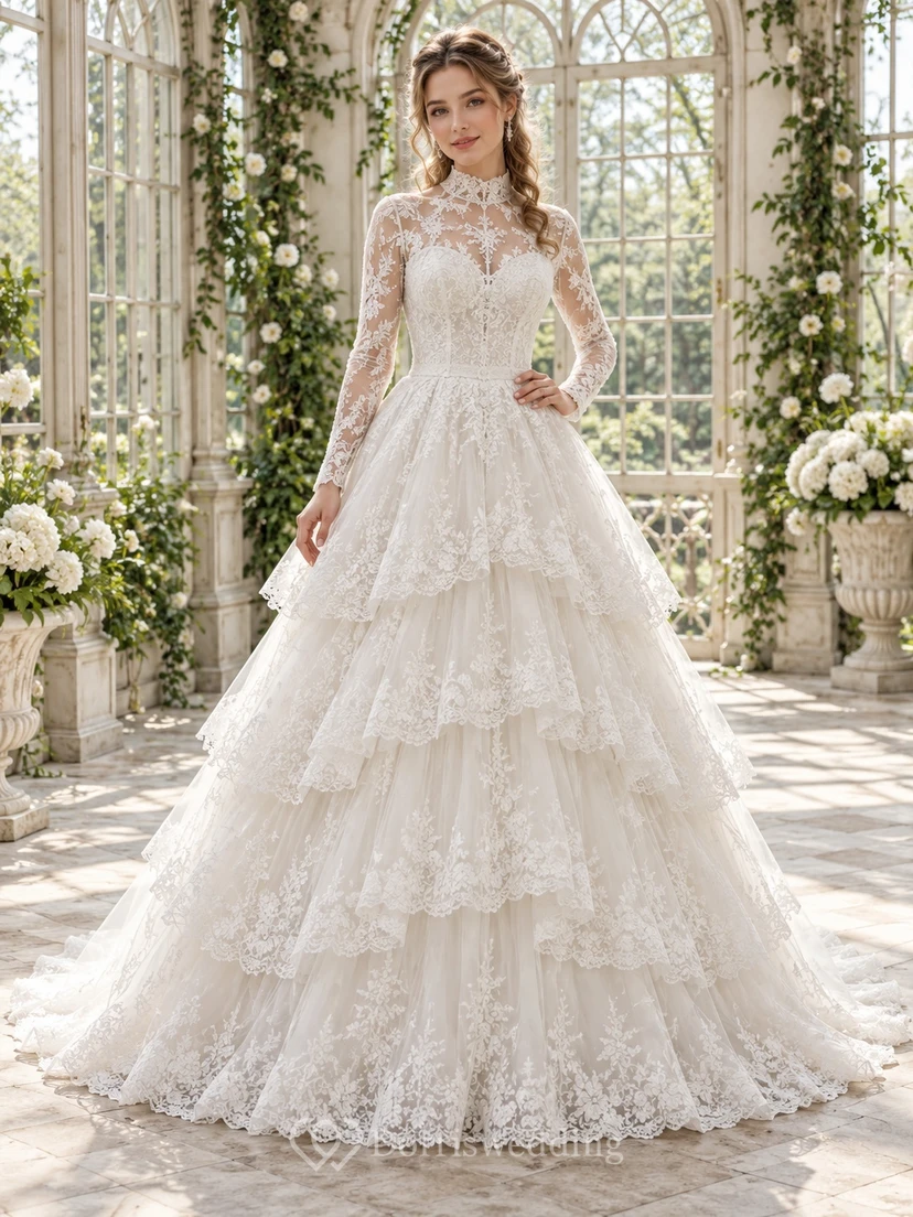 Modest High Neck Long Sleeve Tiered Lace Ball Gown Wedding Dress
