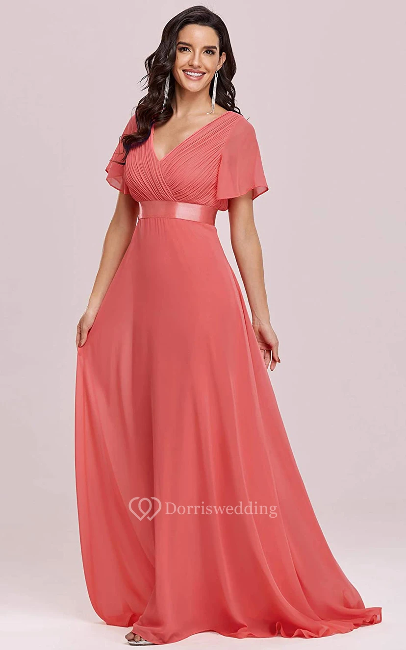 Elegant Chiffon V-neck A Line Short Sleeve Prom Mother Dress With Ruffles view 5
