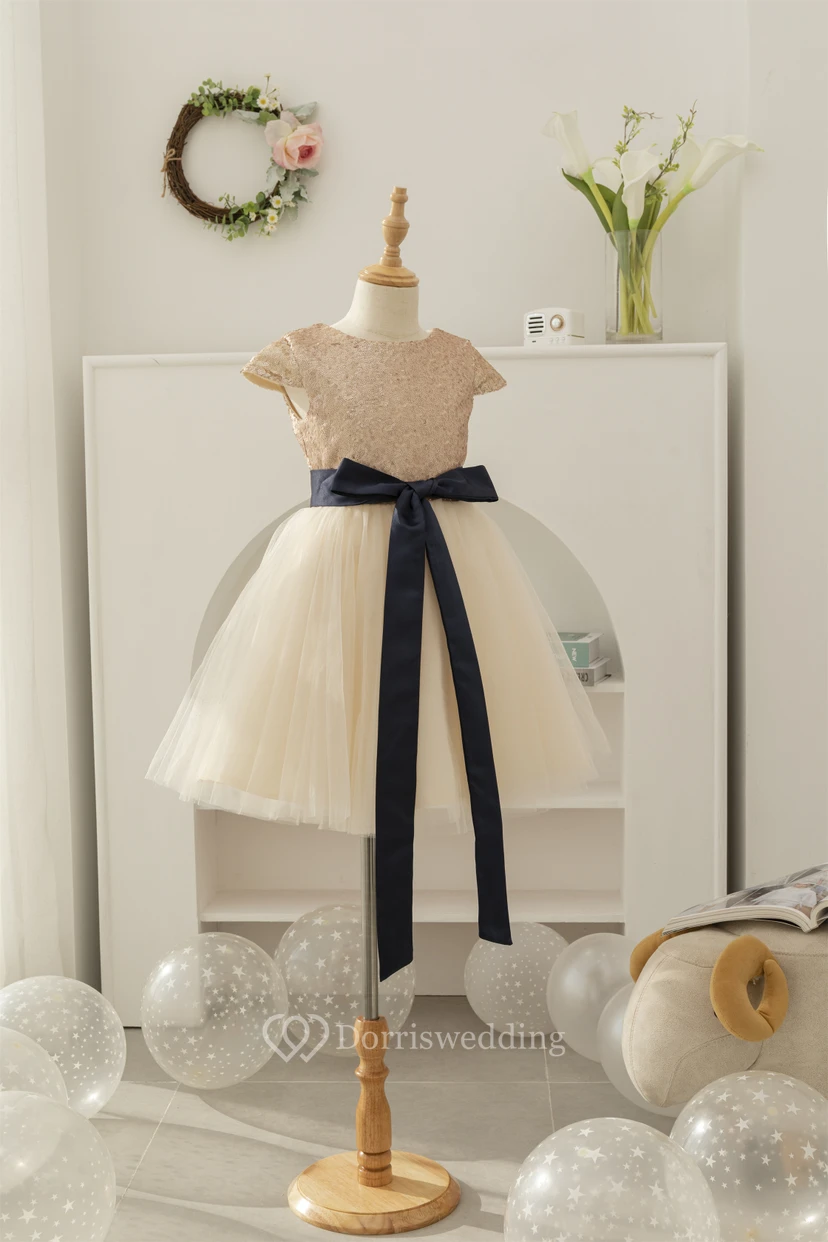 Cap Sequin Tulle Skirt A-line Flowergirl Dress with Ribbon Bow view 3