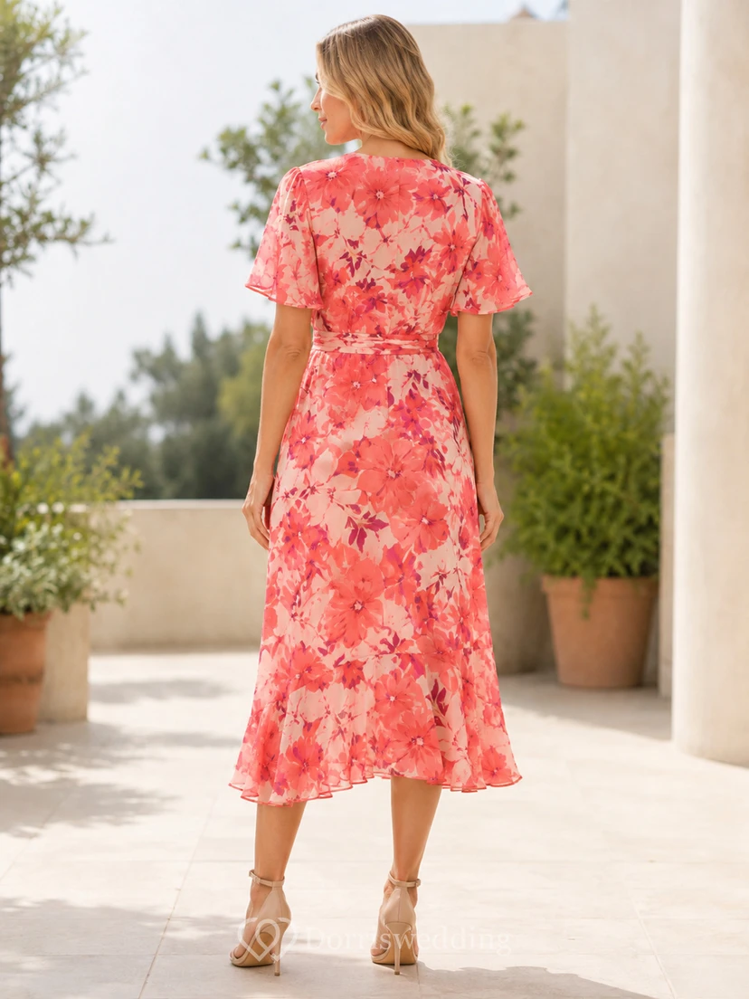Robe d'invitée portefeuille mi-longue à manches papillon et col en V, ornée de fleurs corail, à imprimé floral, ornée de fleurs et de fleurs. view 2
